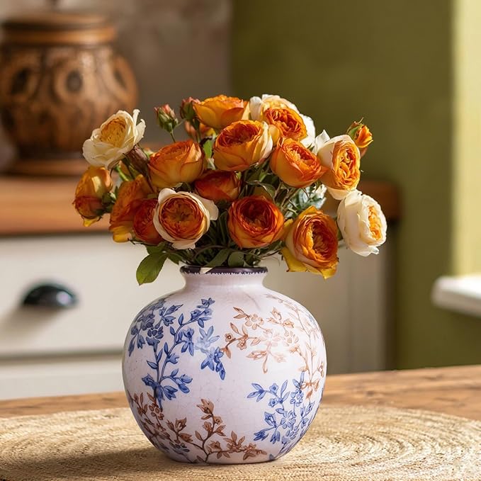 Blue-and-White Vintage Round vase, Chinese-Style Porcelain Blue vase, Suitable for Home Decor, Living Room Coffee Table, Office, Rustic Farmhouse Dining Table Centerpiece, and Tabletop Decoration. - Che Cose Belle