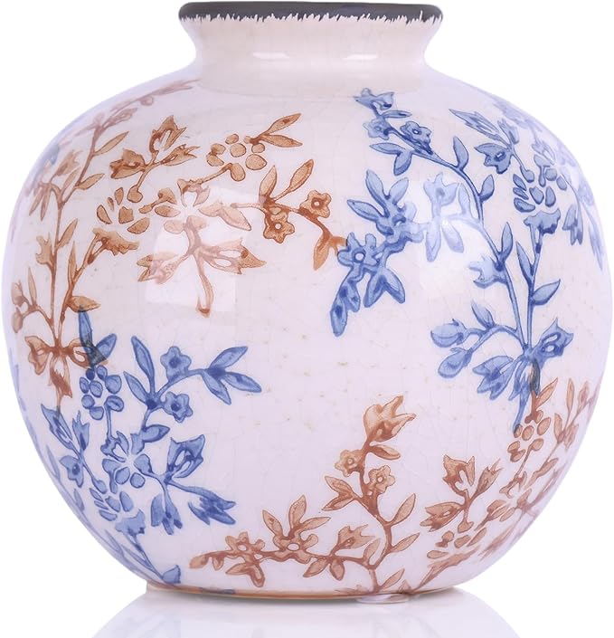 Blue-and-White Vintage Round vase, Chinese-Style Porcelain Blue vase, Suitable for Home Decor, Living Room Coffee Table, Office, Rustic Farmhouse Dining Table Centerpiece, and Tabletop Decoration. - Che Cose Belle