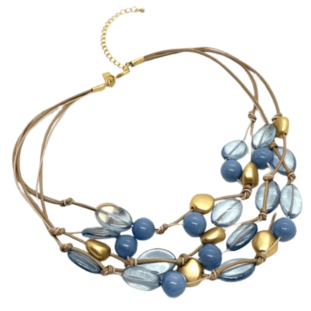 Blue Angelite, Blue Lumi Glass And Gold Nugget Torsade Necklace - Che Cose Belle