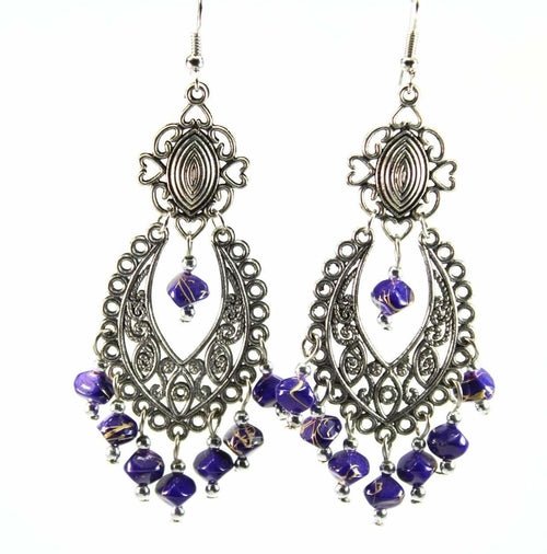 Blue Boho Scrollwork Silver Tone Dangle Statement Earrings - Che Cose Belle