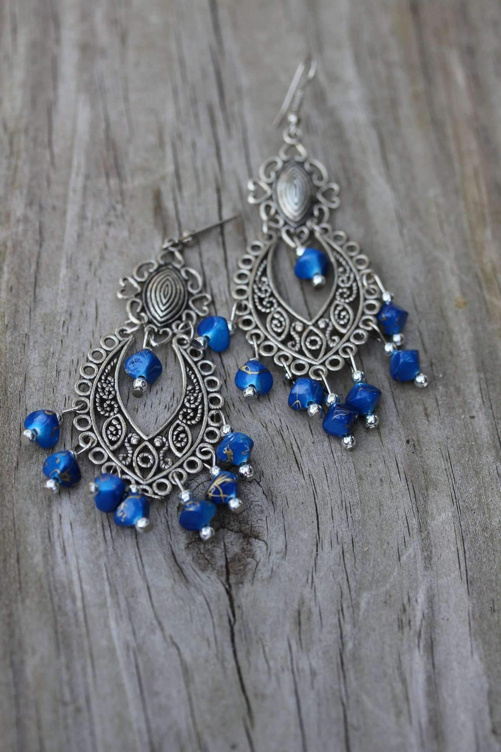 Blue Boho Scrollwork Silver Tone Dangle Statement Earrings - Che Cose Belle