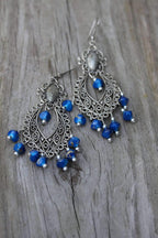 Blue Boho Scrollwork Silver Tone Dangle Statement Earrings - Che Cose Belle