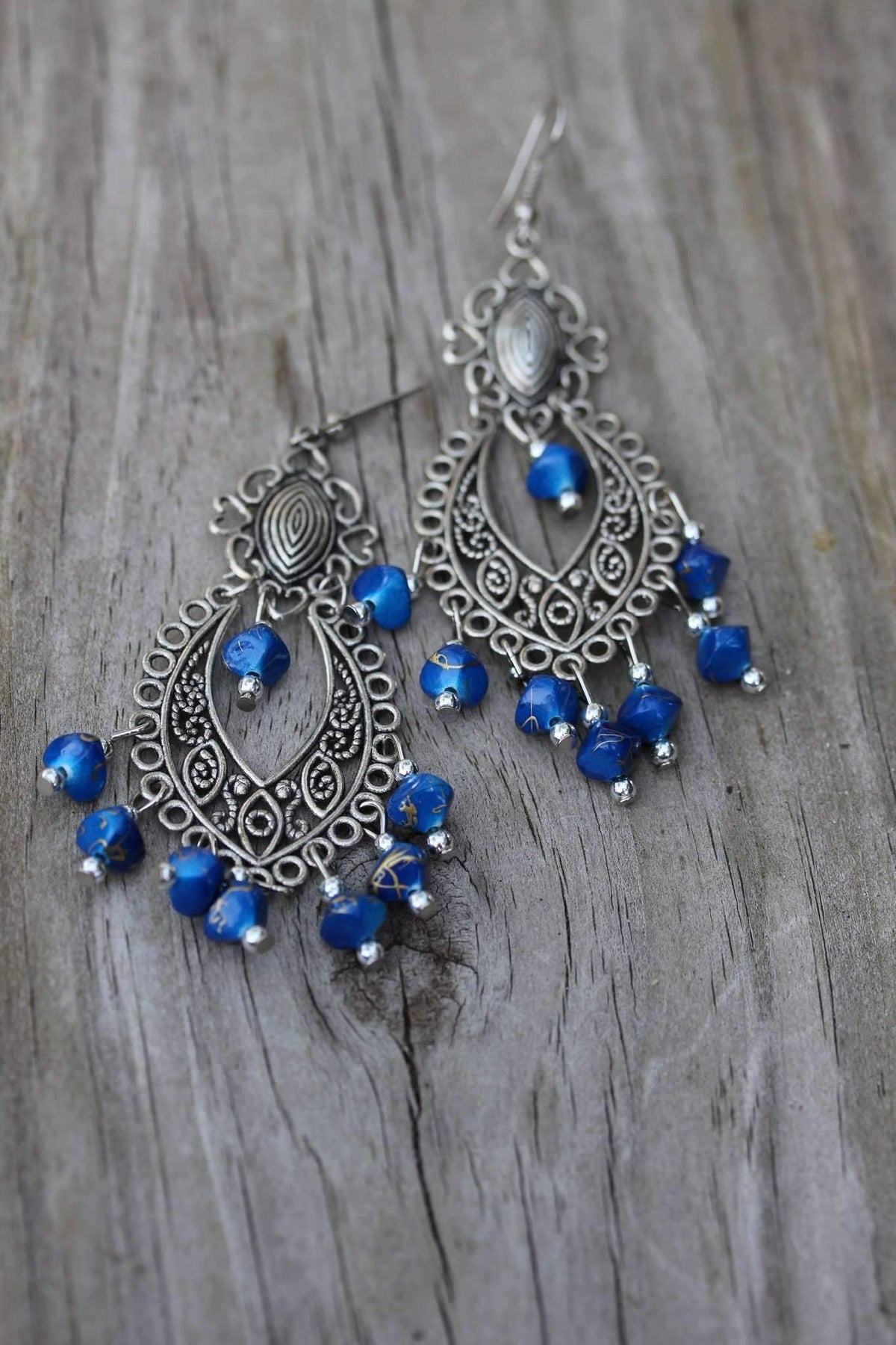 Blue Boho Scrollwork Silver Tone Dangle Statement Earrings - Che Cose Belle