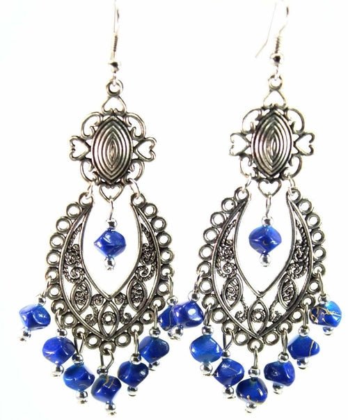 Blue Boho Scrollwork Silver Tone Dangle Statement Earrings - Che Cose Belle