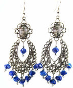 Blue Boho Scrollwork Silver Tone Dangle Statement Earrings - Che Cose Belle