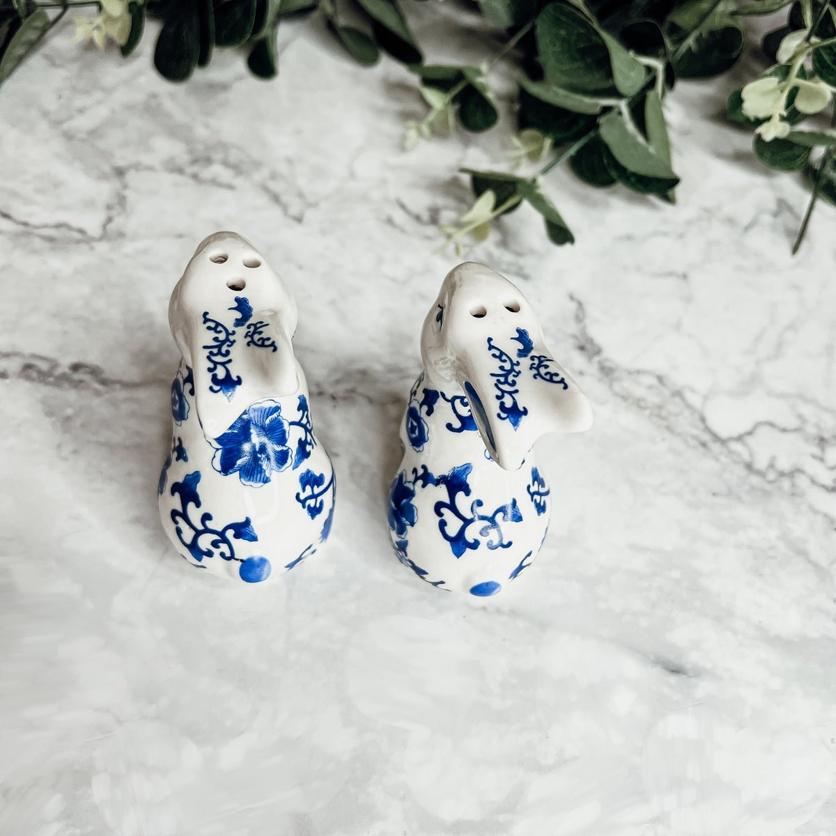 Blue Bunny Porcelain Salt and Pepper Shakers Hand-Painted Easter Spring Decor - Che Cose Belle