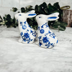 Blue Bunny Porcelain Salt and Pepper Shakers Hand-Painted Easter Spring Decor - Che Cose Belle