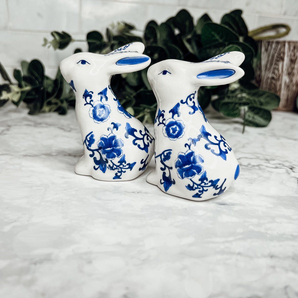 Blue Bunny Porcelain Salt and Pepper Shakers Hand-Painted Easter Spring Decor - Che Cose Belle