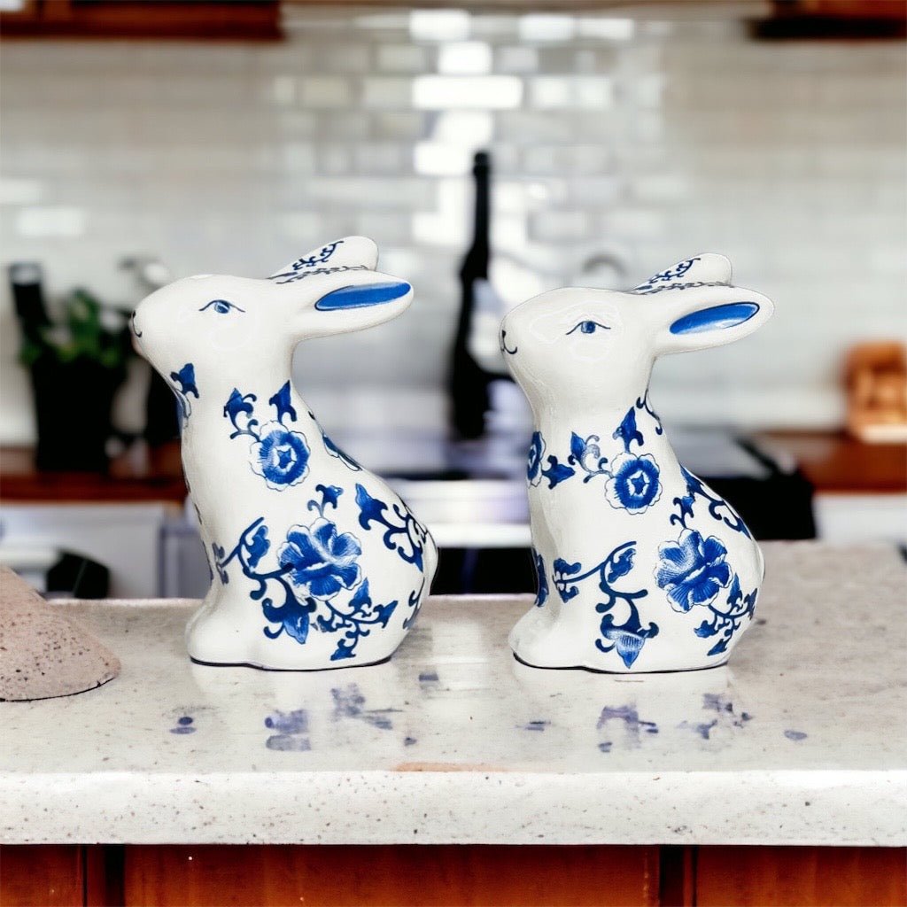 Blue Bunny Porcelain Salt and Pepper Shakers Hand-Painted Easter Spring Decor - Che Cose Belle