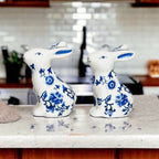 Blue Bunny Porcelain Salt and Pepper Shakers Hand-Painted Easter Spring Decor - Che Cose Belle