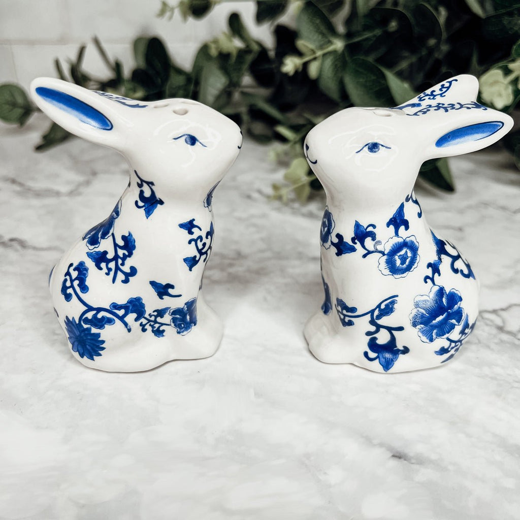Blue Bunny Porcelain Salt and Pepper Shakers Hand-Painted Easter Spring Decor - Che Cose Belle