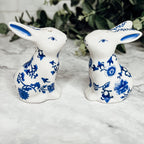 Blue Bunny Porcelain Salt and Pepper Shakers Hand-Painted Easter Spring Decor - Che Cose Belle