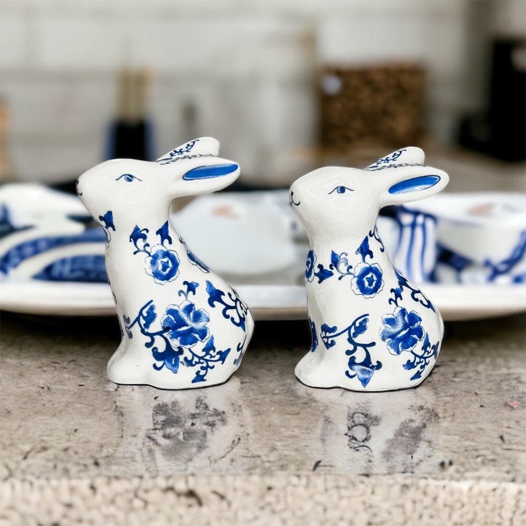 Blue Bunny Porcelain Salt and Pepper Shakers Hand-Painted Easter Spring Decor - Che Cose Belle