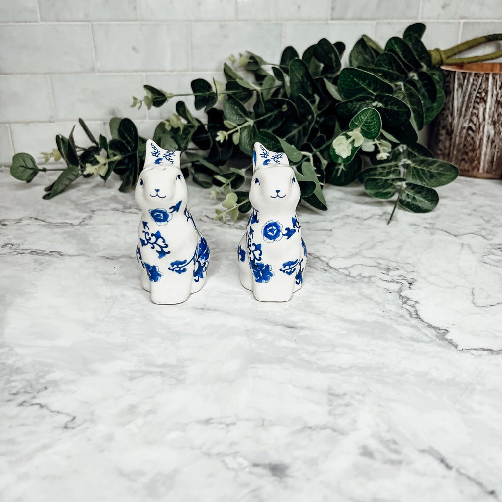 Blue Bunny Porcelain Salt and Pepper Shakers Hand-Painted Easter Spring Decor - Che Cose Belle