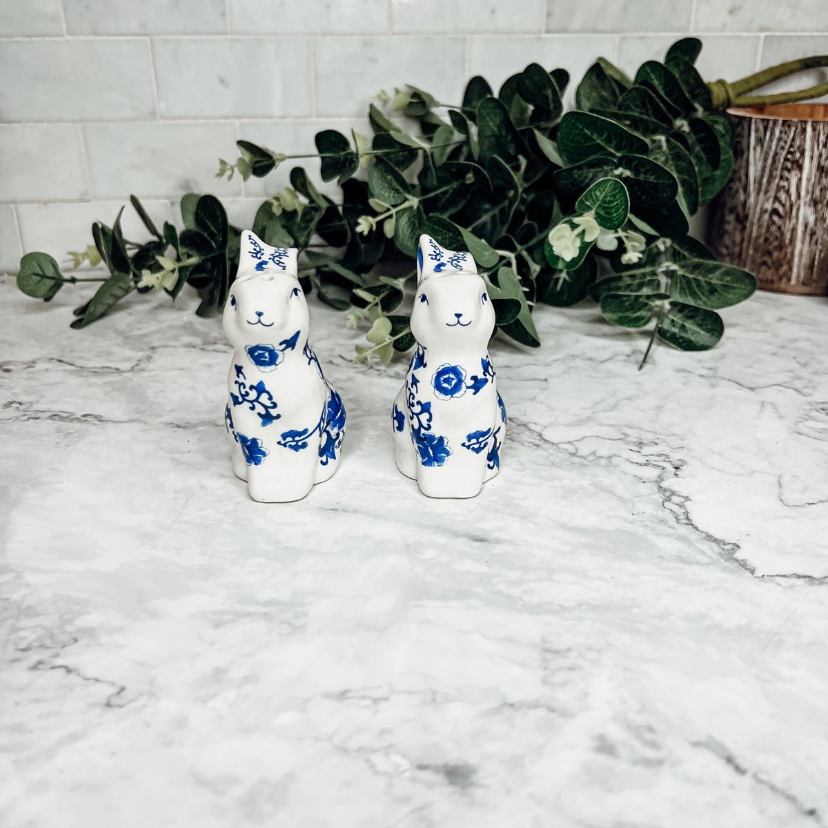 Blue Bunny Porcelain Salt and Pepper Shakers Hand-Painted Easter Spring Decor - Che Cose Belle