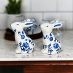 Blue Bunny Porcelain Salt and Pepper Shakers Hand-Painted Easter Spring Decor - Che Cose Belle