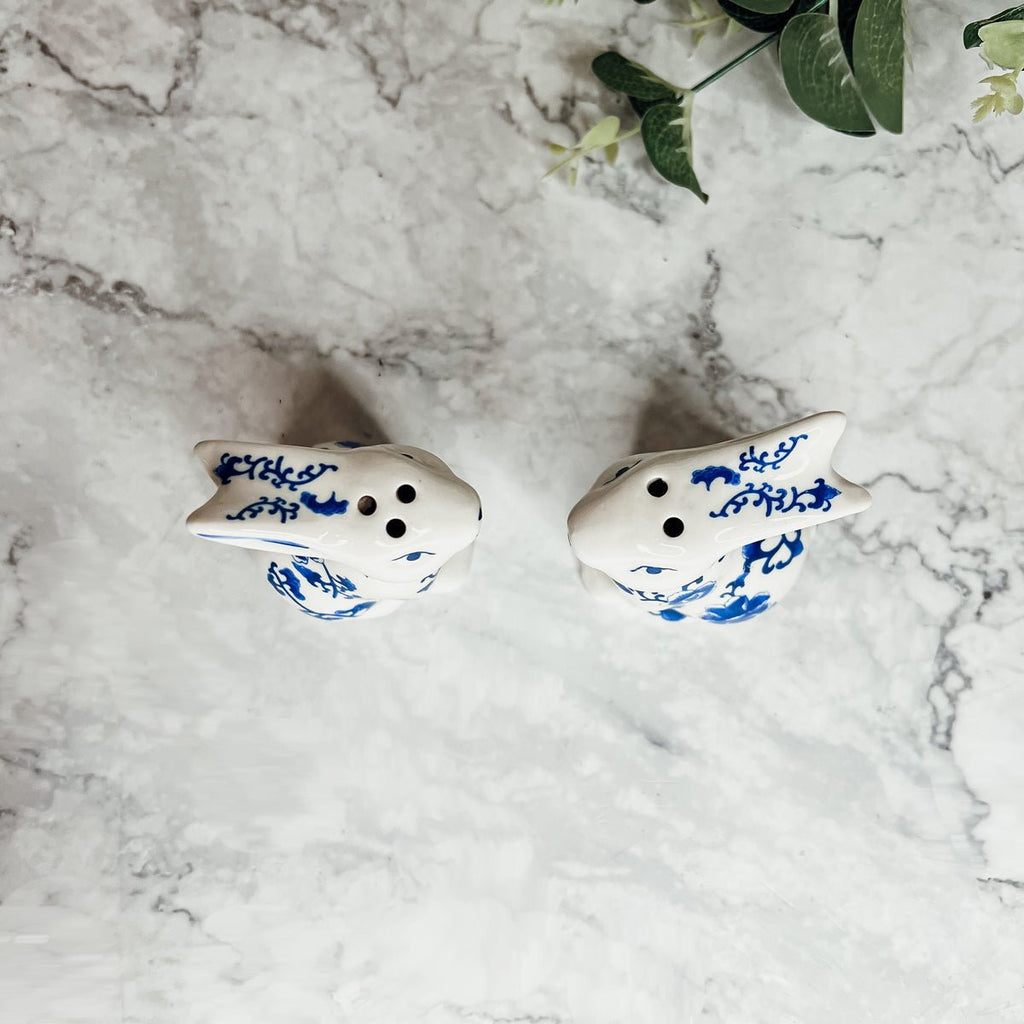 Blue Bunny Porcelain Salt and Pepper Shakers Hand-Painted Easter Spring Decor - Che Cose Belle