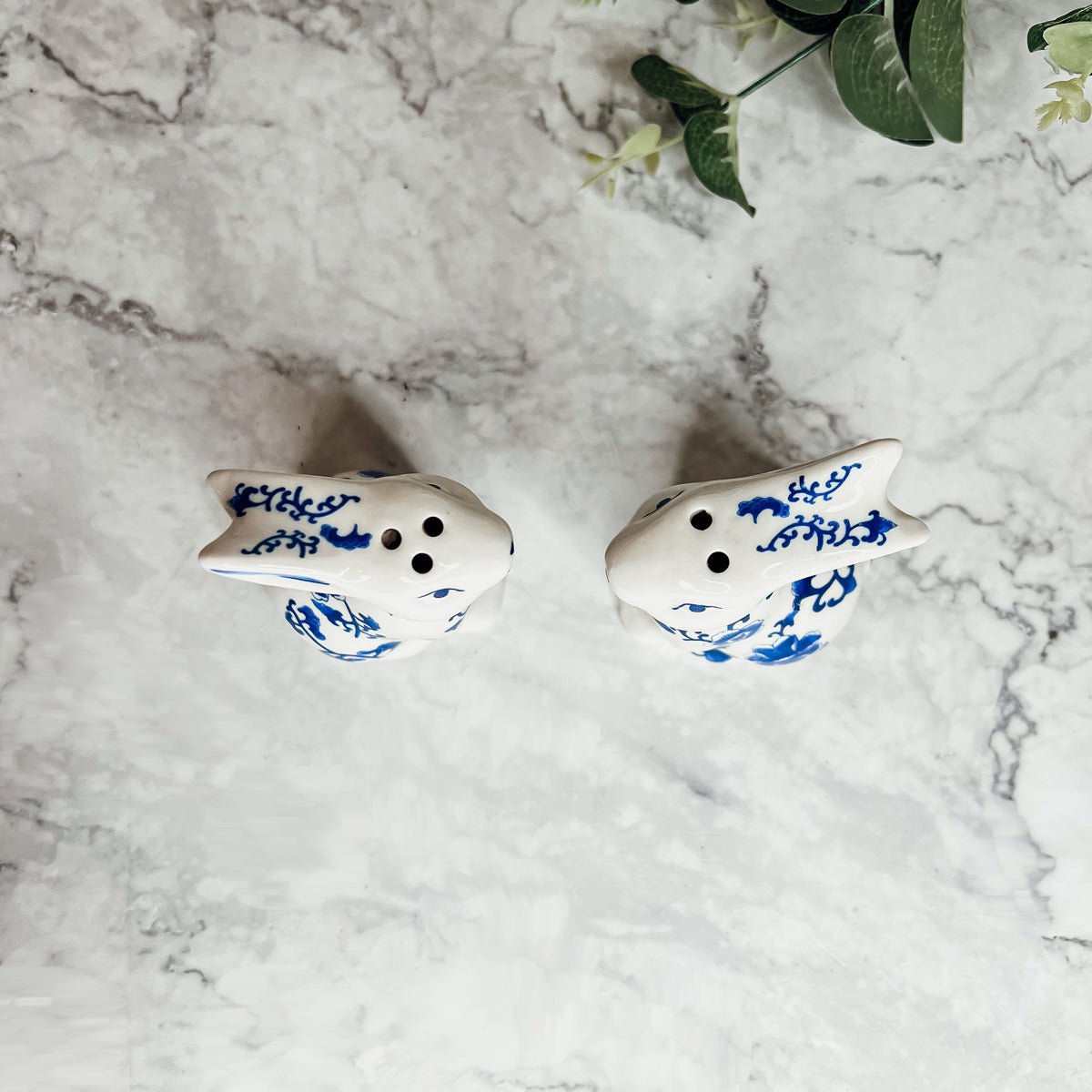 Blue Bunny Porcelain Salt and Pepper Shakers Hand-Painted Easter Spring Decor - Che Cose Belle