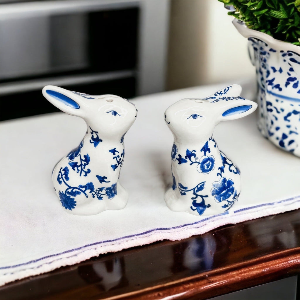 Blue Bunny Porcelain Salt and Pepper Shakers Hand-Painted Easter Spring Decor - Che Cose Belle