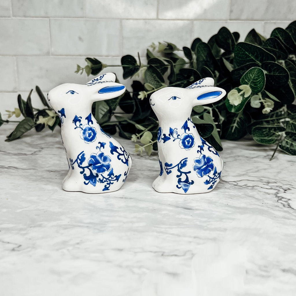 Blue Bunny Porcelain Salt and Pepper Shakers Hand-Painted Easter Spring Decor - Che Cose Belle
