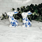 Blue Bunny Porcelain Salt and Pepper Shakers Hand-Painted Easter Spring Decor - Che Cose Belle