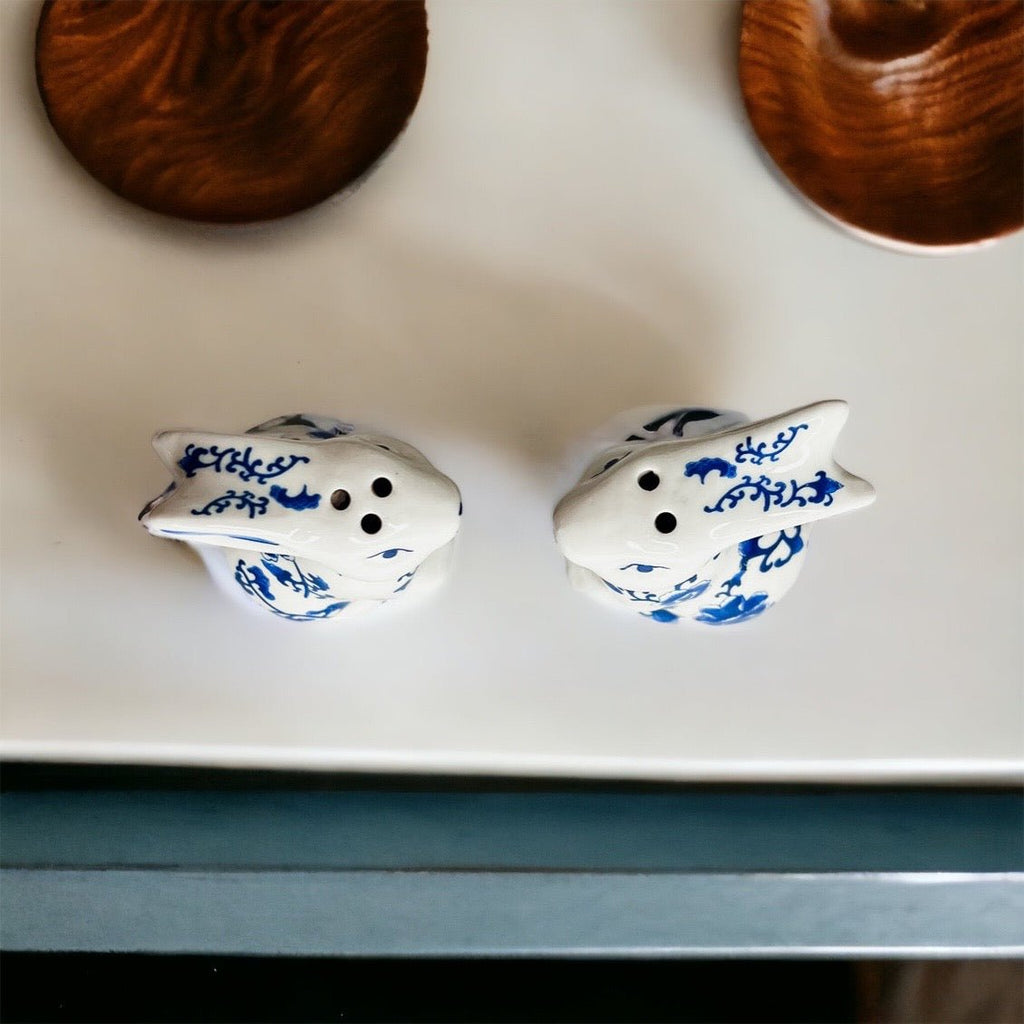 Blue Bunny Porcelain Salt and Pepper Shakers Hand-Painted Easter Spring Decor - Che Cose Belle