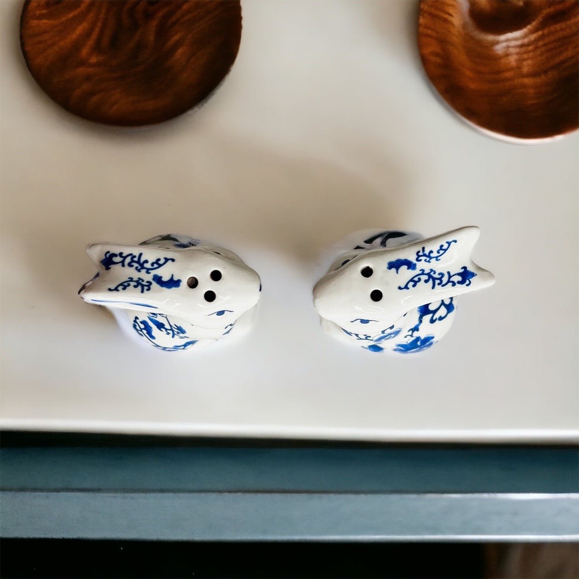 Blue Bunny Porcelain Salt and Pepper Shakers Hand-Painted Easter Spring Decor - Che Cose Belle