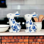 Blue Bunny Porcelain Salt and Pepper Shakers Hand-Painted Easter Spring Decor - Che Cose Belle