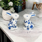 Blue Bunny Porcelain Salt and Pepper Shakers Hand-Painted Easter Spring Decor - Che Cose Belle