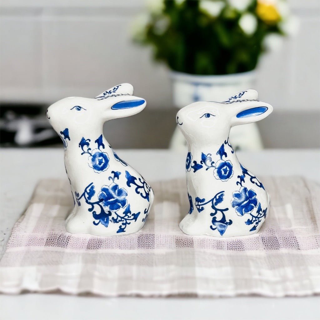 Blue Bunny Porcelain Salt and Pepper Shakers Hand-Painted Easter Spring Decor - Che Cose Belle