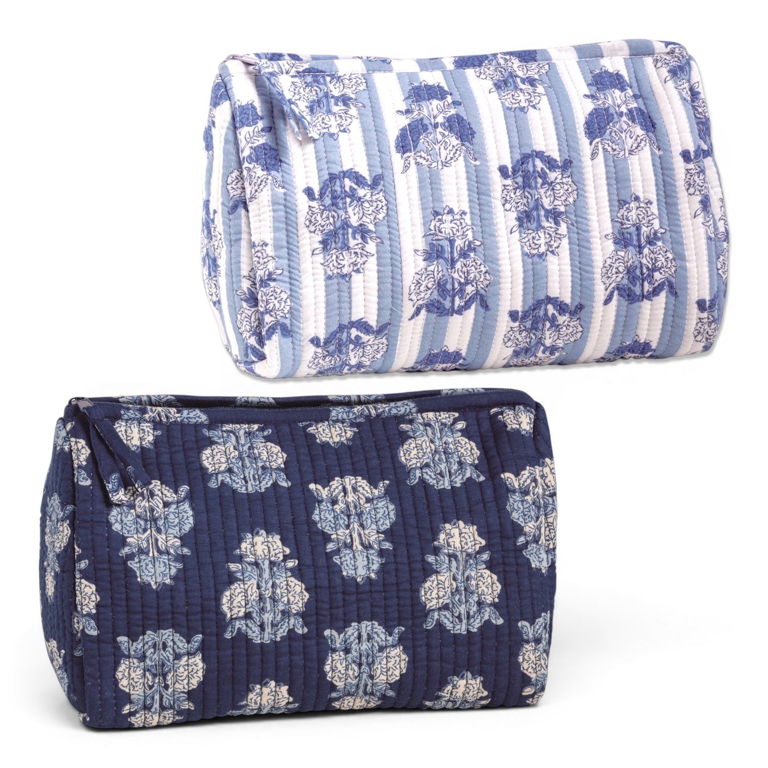 Blue Cornflower Block Print Quilted Cosmetic Zip Pouch - Che Cose Belle
