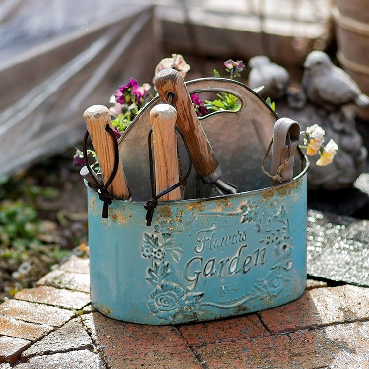 Blue Metal Basket Tool Organizer Flower Garden - Che Cose Belle