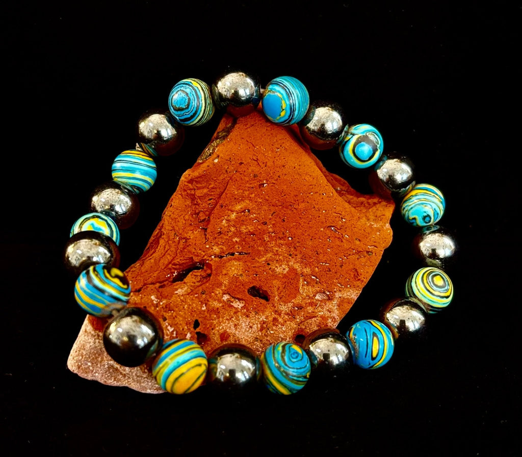 Blue Peacock Malachite Stone Bracelet – XL Hematite Stretch Bracelet for Large Wrists - Che Cose Belle