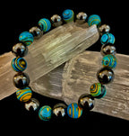 Blue Peacock Malachite Stone Bracelet – XL Hematite Stretch Bracelet for Large Wrists - Che Cose Belle