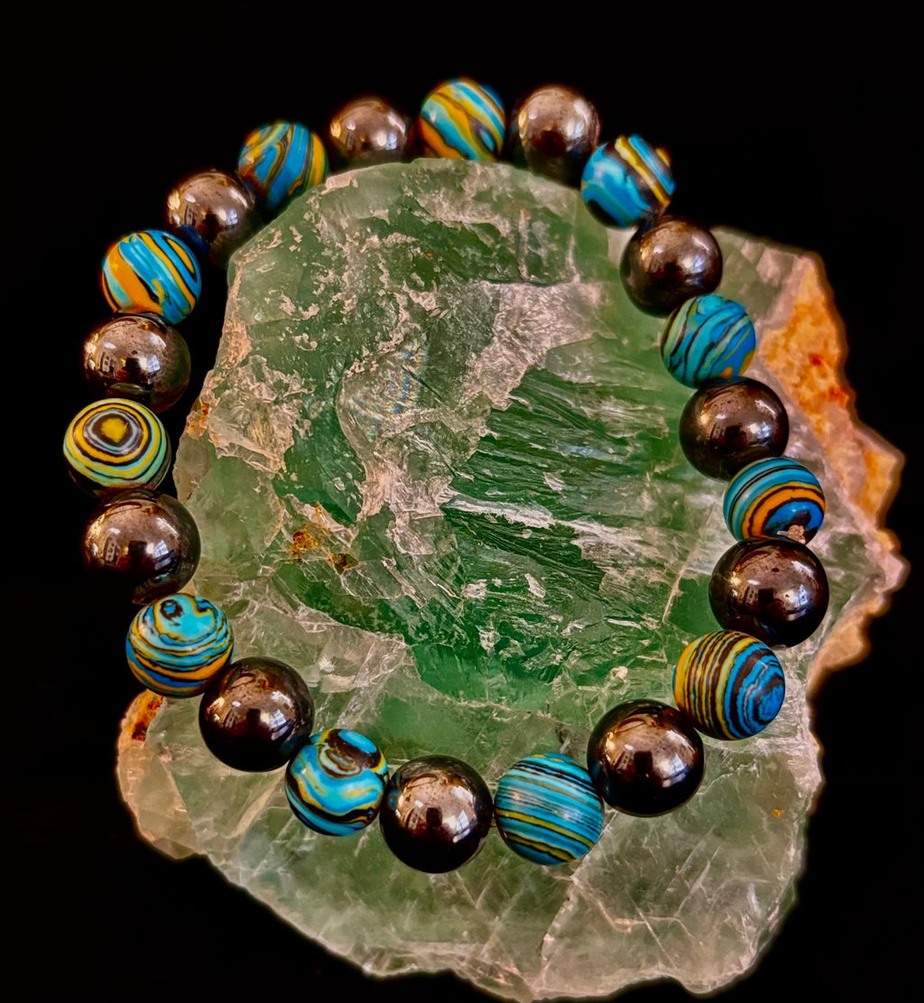 Blue Peacock Malachite Stone Bracelet – XL Hematite Stretch Bracelet for Large Wrists - Che Cose Belle