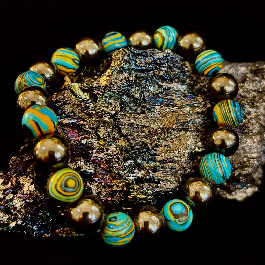 Blue Peacock Malachite Stone Bracelet – XL Hematite Stretch Bracelet for Large Wrists - Che Cose Belle