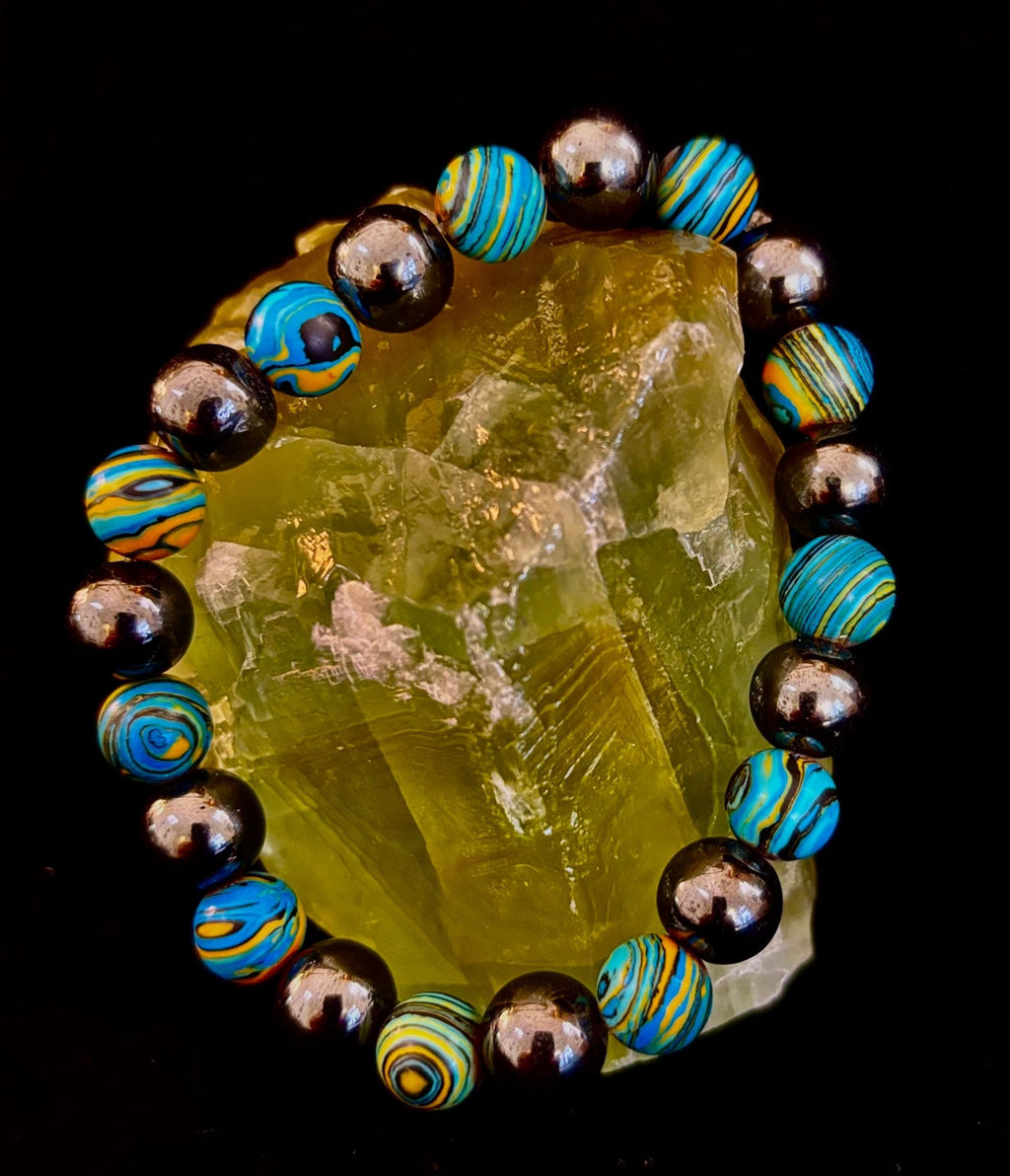 Blue Peacock Malachite Stone Bracelet – XL Hematite Stretch Bracelet for Large Wrists - Che Cose Belle