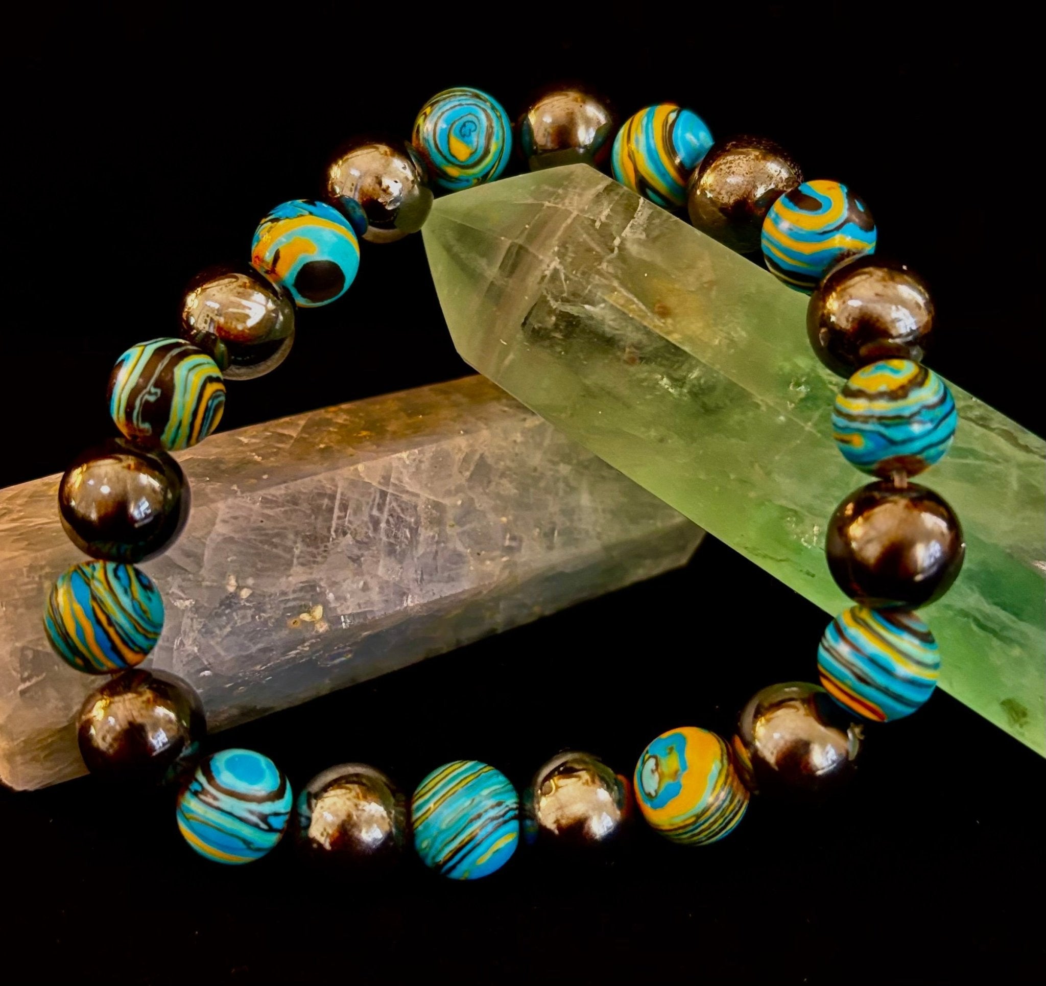 Blue Peacock Malachite Stone Bracelet – XL Hematite Stretch Bracelet for Large Wrists - Che Cose Belle