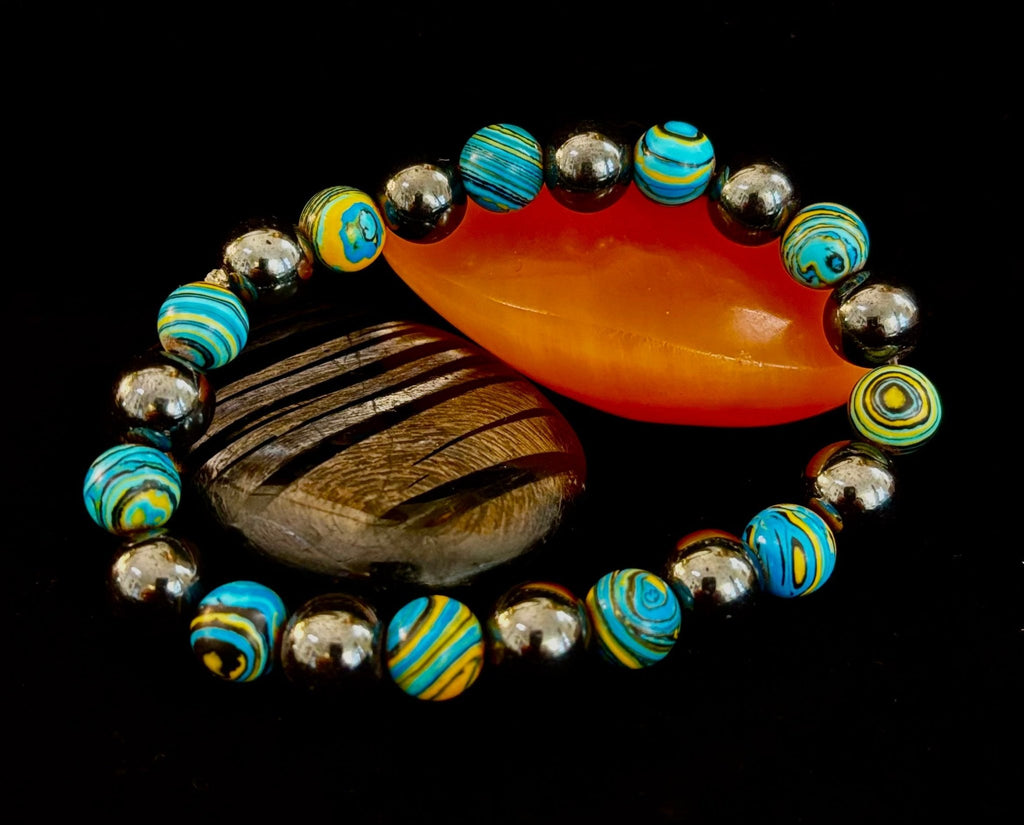 Blue Peacock Malachite Stone Bracelet – XL Hematite Stretch Bracelet for Large Wrists - Che Cose Belle