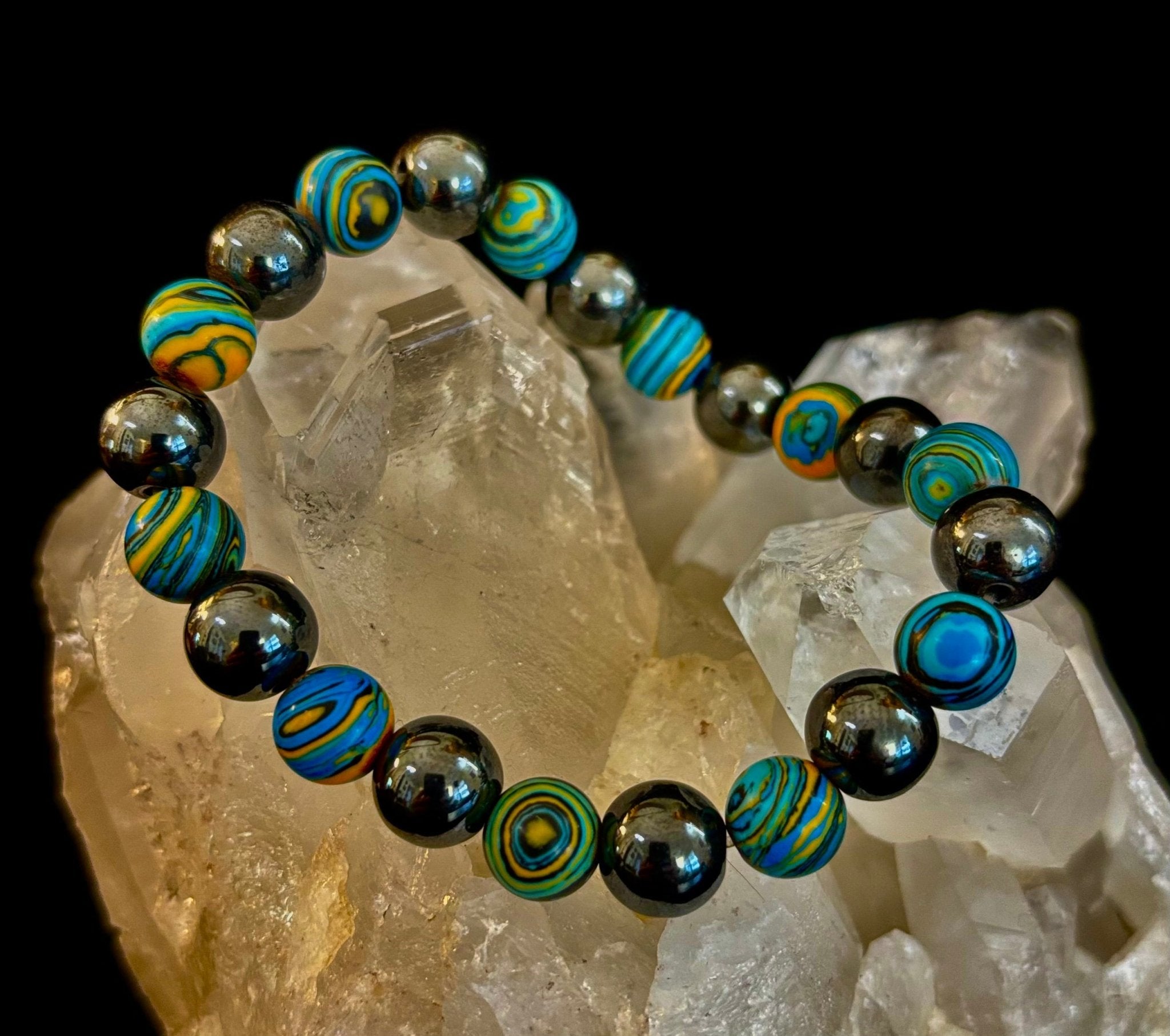 Blue Peacock Malachite Stone Bracelet – XL Hematite Stretch Bracelet for Large Wrists - Che Cose Belle