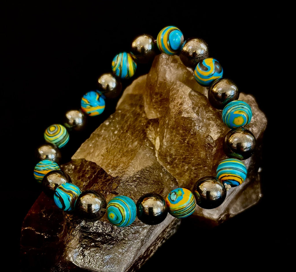 Blue Peacock Malachite Stone Bracelet – XL Hematite Stretch Bracelet for Large Wrists - Che Cose Belle