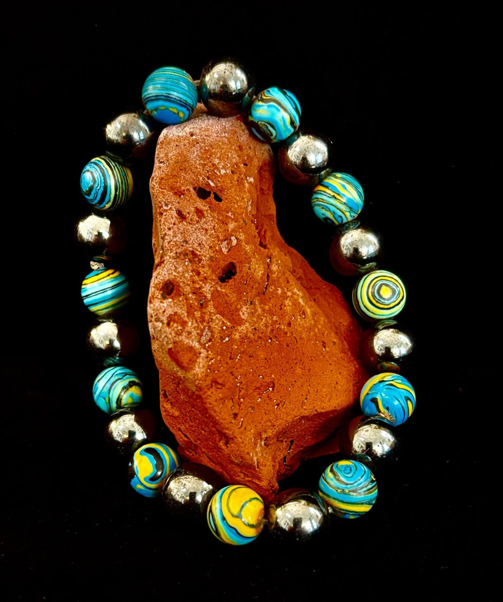 Blue Peacock Malachite Stone Bracelet – XL Hematite Stretch Bracelet for Large Wrists - Che Cose Belle