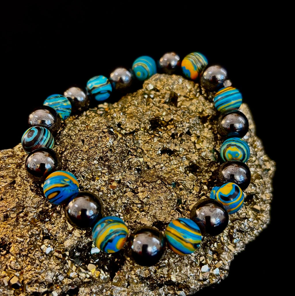 Blue Peacock Malachite Stone Bracelet – XL Hematite Stretch Bracelet for Large Wrists - Che Cose Belle