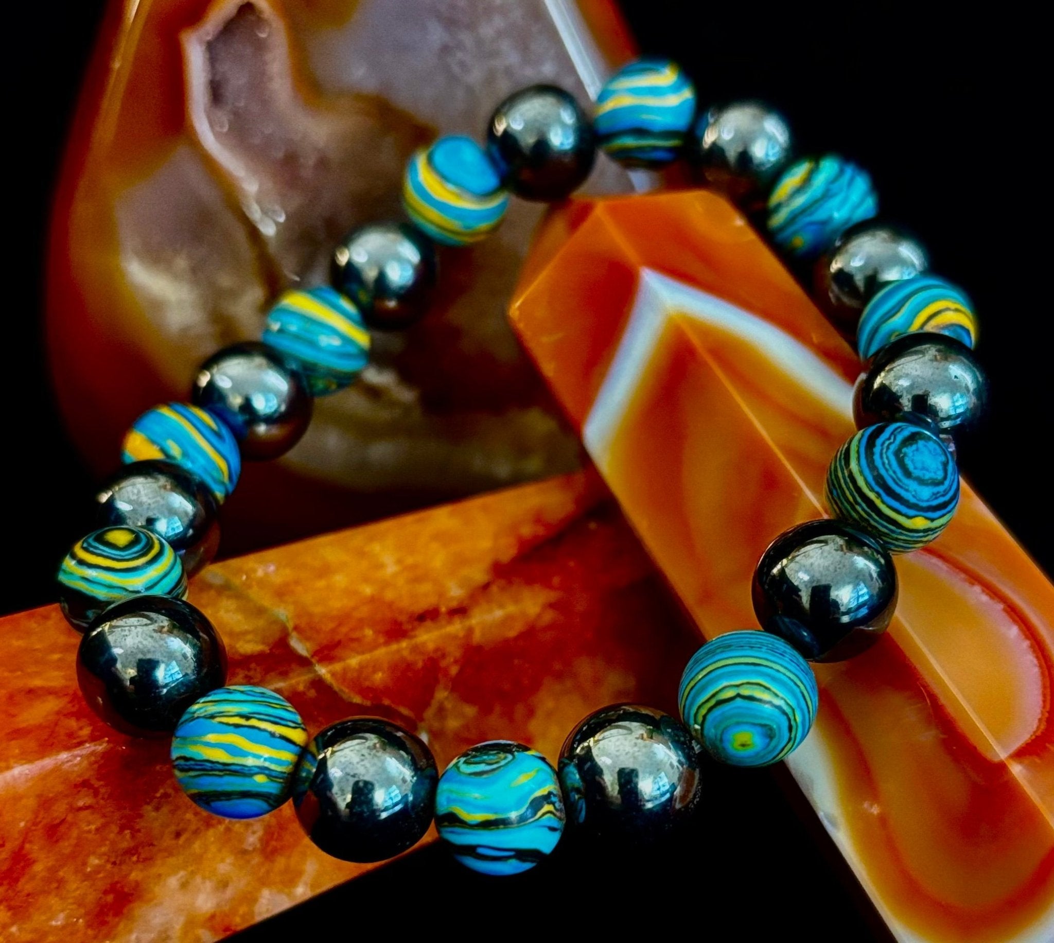 Blue Peacock Malachite Stone Bracelet – XL Hematite Stretch Bracelet for Large Wrists - Che Cose Belle
