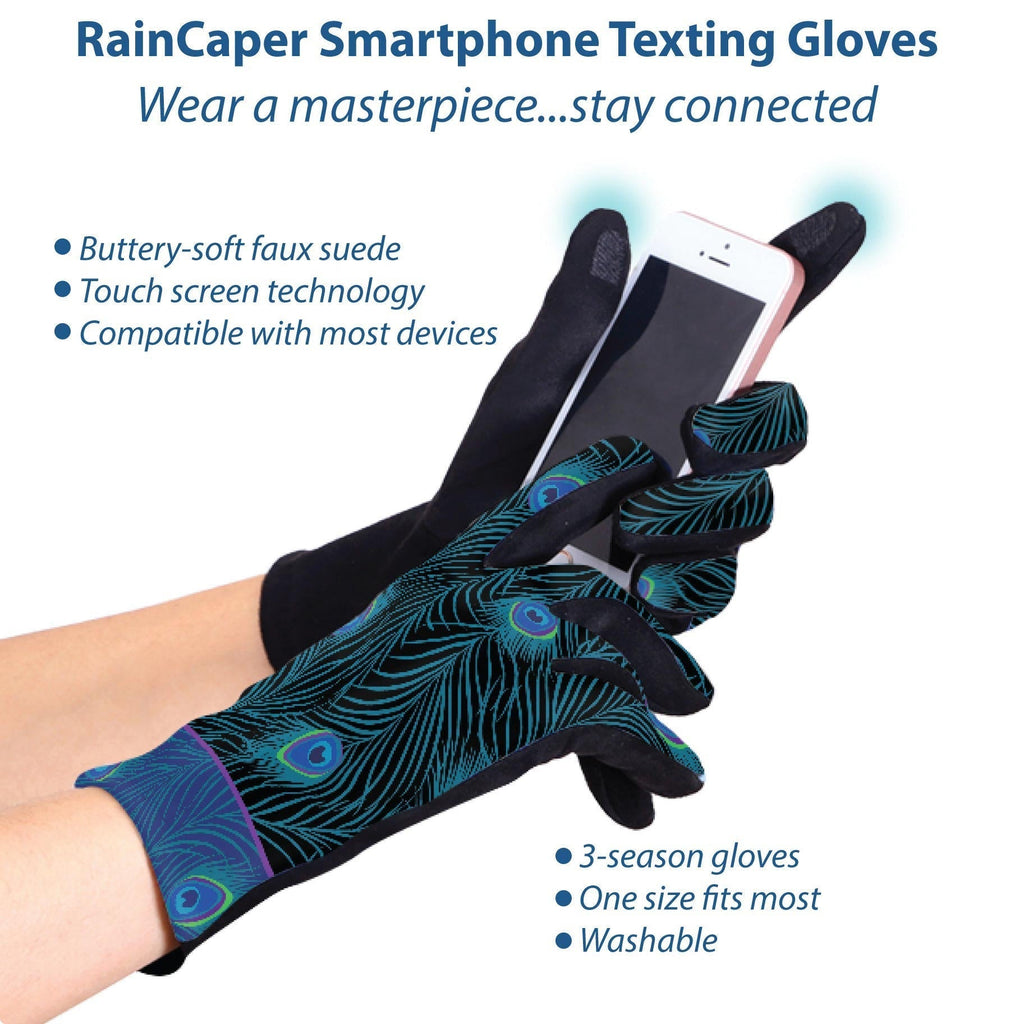 Blue Peacock on Black Womens Touch Screen Gloves - One Size Fits All - Che Cose Belle