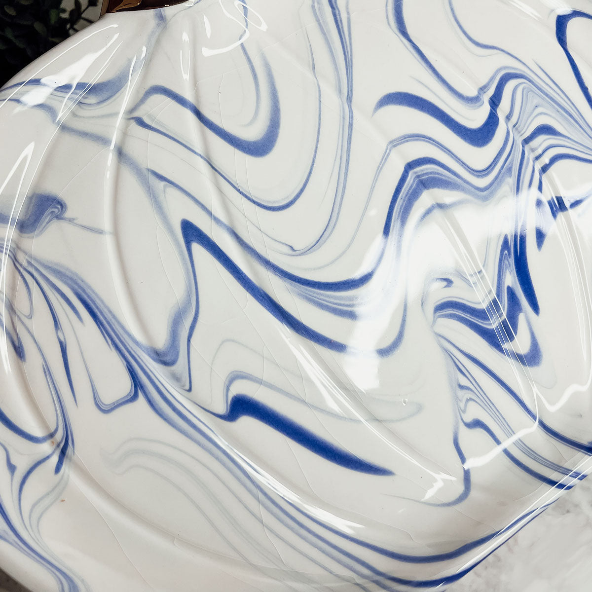 Blue White Marble Pumpkin Serving Platters Set of 2 With Gold Stem