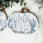 Blue White Marble Pumpkin Serving Platters Set of 2 With Gold Stem