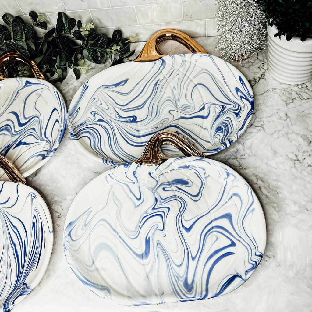 Blue White Marble Pumpkin Serving Platters Set of 2 With Gold Stem