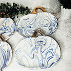 Blue White Marble Pumpkin Serving Platters Set of 2 With Gold Stem