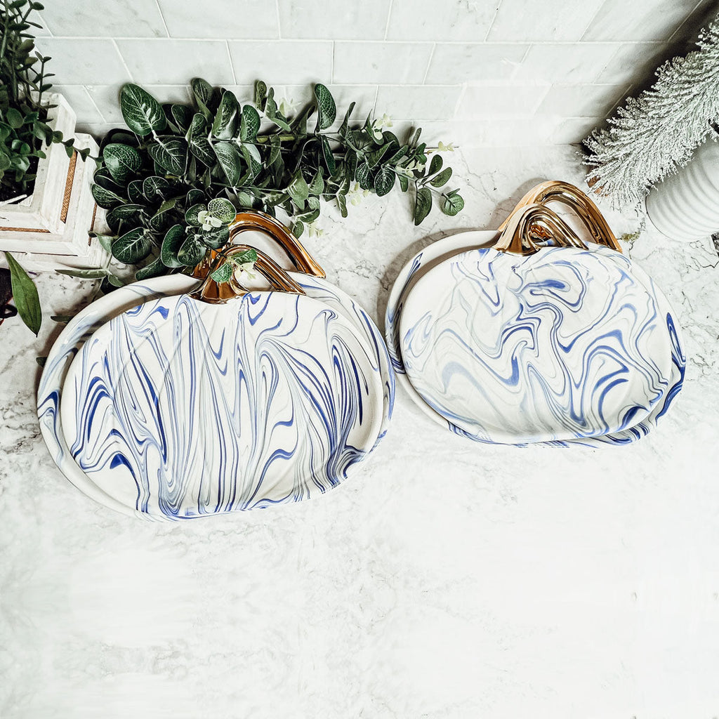 Blue White Marble Pumpkin Serving Platters Set of 2 With Gold Stem